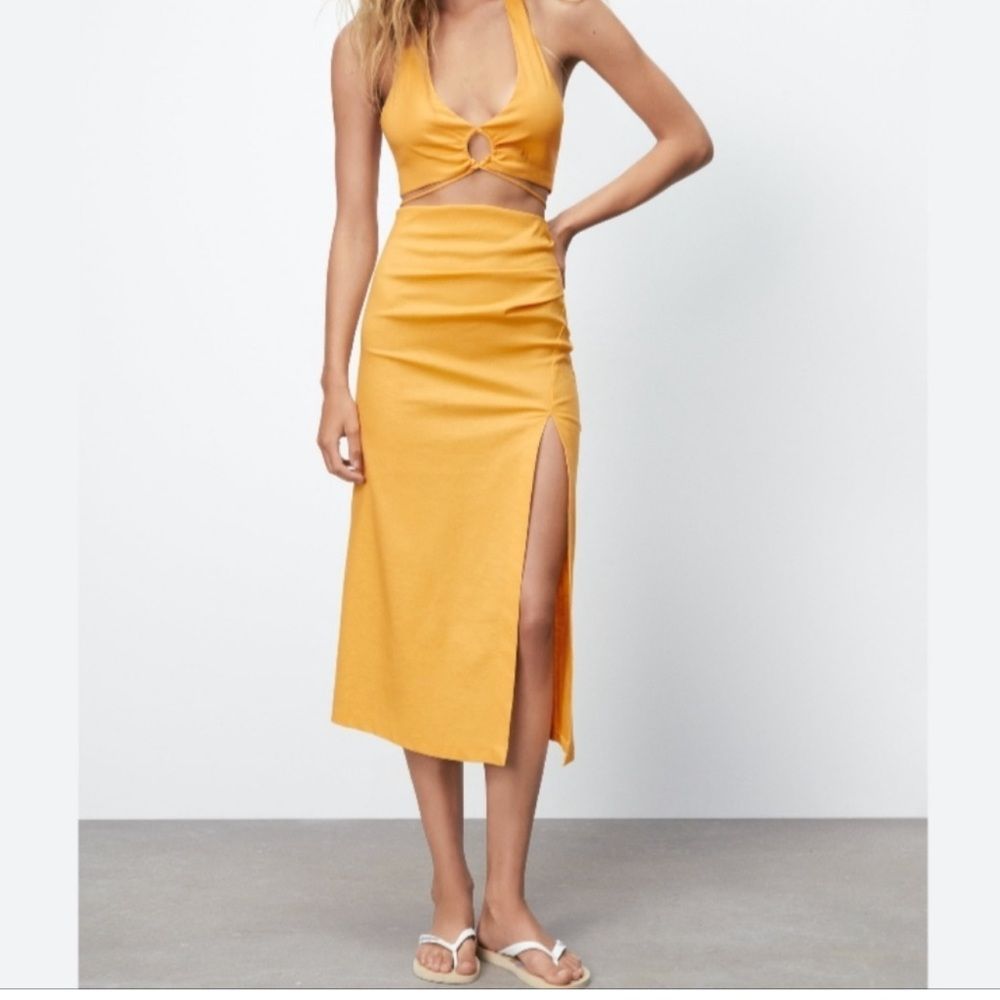 Zara Linen Stretchy Skirt, Yellow/ Gold, Size Large, NWOT (#10)